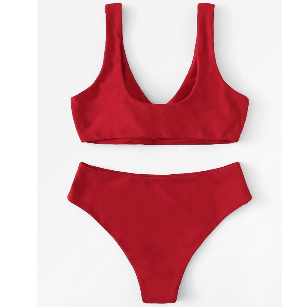 Knotted Bow Bikini Red High Waist Slimming Swim - Picture 3 of 4